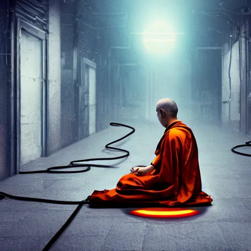 Image similar to A single monk kneeling with wires connecting him to a computer, Nirvana, Machines and wires everywhere, flashing neon lights, creepy, dark shadowy surroundings, dystopian scifi, horror, Stefan Koidl inspired, 4k