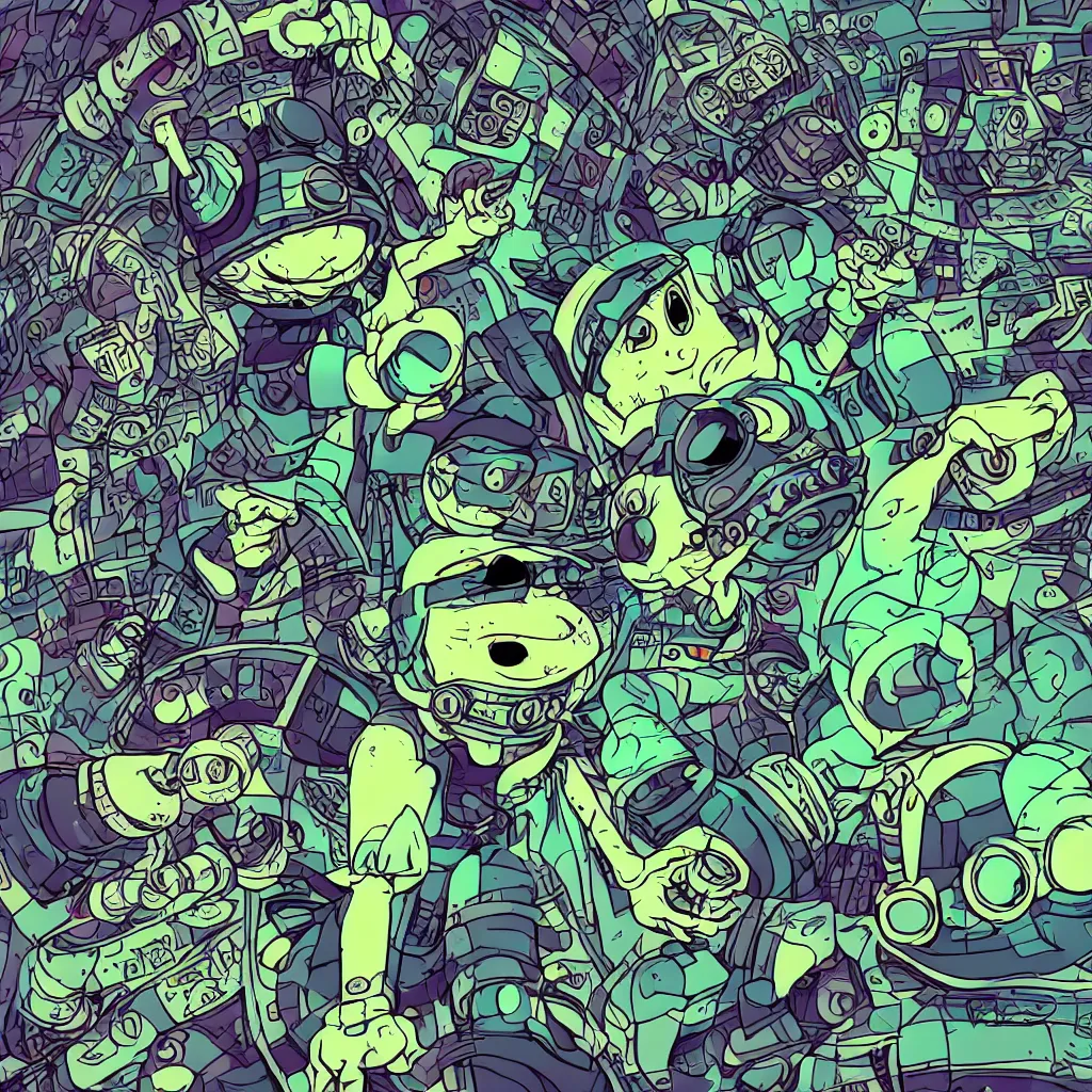 Image similar to toad wearing headphones, ryuta ueda artwork, breakcore, style of jet set radio, y 2 k, gloom, space, cel - shaded art style, sacred geometry, data, minimal, code, cybernetic, dark, eerie, cyber