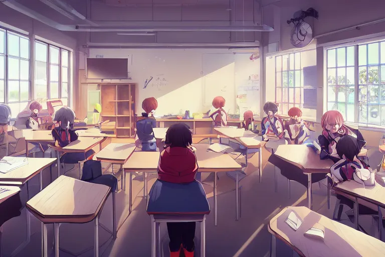 boy's love anime modern high school classroom in, Stable Diffusion