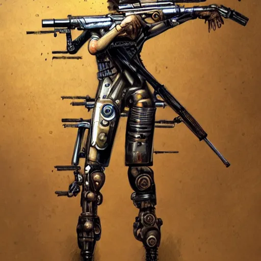 Image similar to a steam punk cyborg holding a 1 2 gauge shotgun highly detailed, digital painting, artstation, concept art, smooth, sharp focus, illustration, art by lucian freud