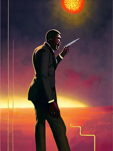 Prompt: pulp magazine illustration of a black man in a suit smoking, cinematic view, dynamic lighting, volumetric lighting, mysterious highly detailed, 8 k, smooth, digital painting, symmetrical, art by vincent di fate, kehinde wiley, artem demura, frazetta