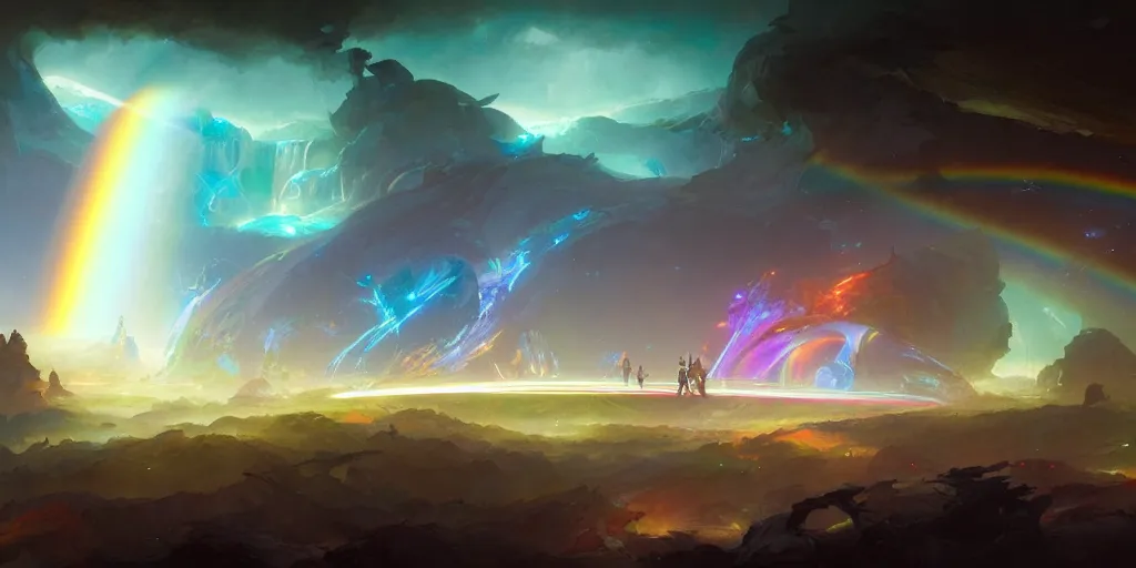 Prompt: bifrost the rainbow bridge across realities by peter mohrbacher and marc simonetti and craig mullins