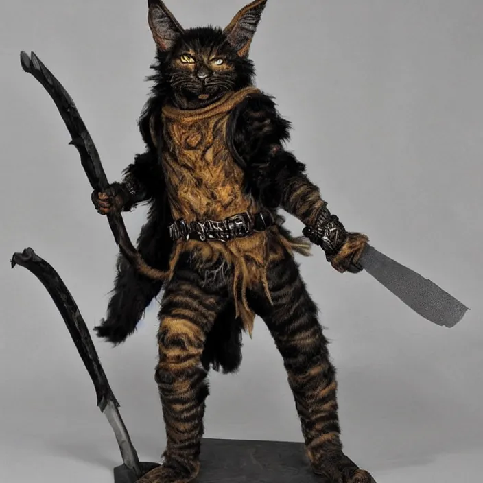 Image similar to khajit tabaxi catfolk humanoid with maine coon features black fur with a scar on the left eye and holding two shortswords cloaked in shadow and wearing hooded leather armor agile, dungeons and dragons, fantasy, tarot card style, high detail, hyper realistic