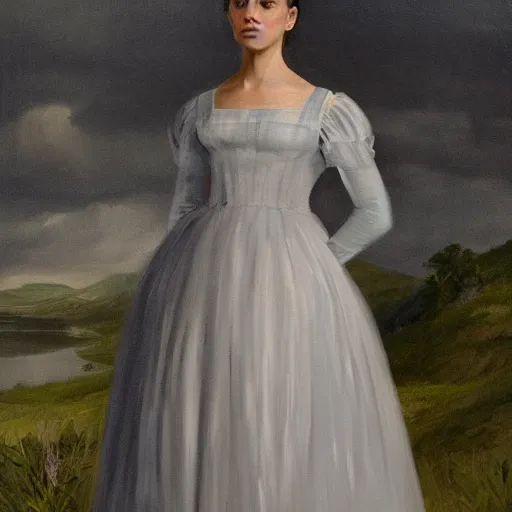 Image similar to portrait of Alicia Vikander wearing grey 1850 dress, in the style of the Hudson River School