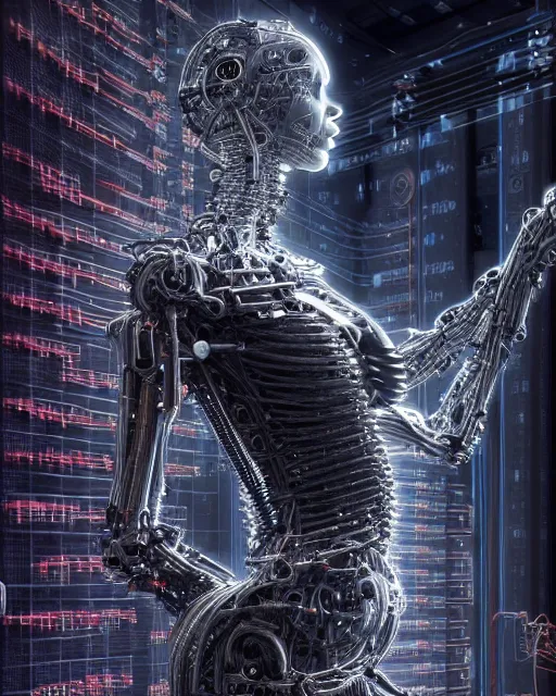 Image similar to photo of a biomechanical torso of a cyborg plugged into a quantum computer with cables and wires. cyberpunk horror style. art by luis royo. highly detailed 8 k. intricate. nikon d 8 5 0 5 5 mm. award winning photography.