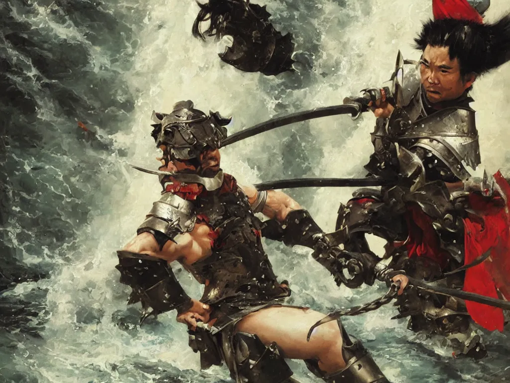 Image similar to close up of a samurai in full armor, training under a waterfall, by huang guangjian and gil elvgren, sachin teng, greg manchess