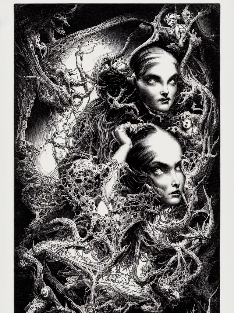 Image similar to portrait soft light, by bernie wrightson and joe fenton and simon bisley, inspired victorian sci - fi, etching, fine, sharp high detail, red and grey, screen print,