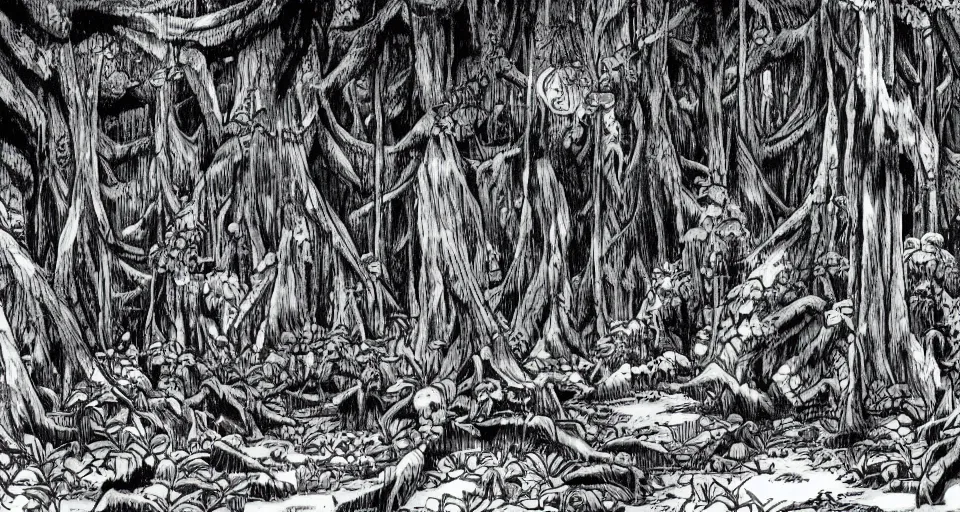 Prompt: A dense and dark enchanted forest with a swamp, by Eiichiro Oda