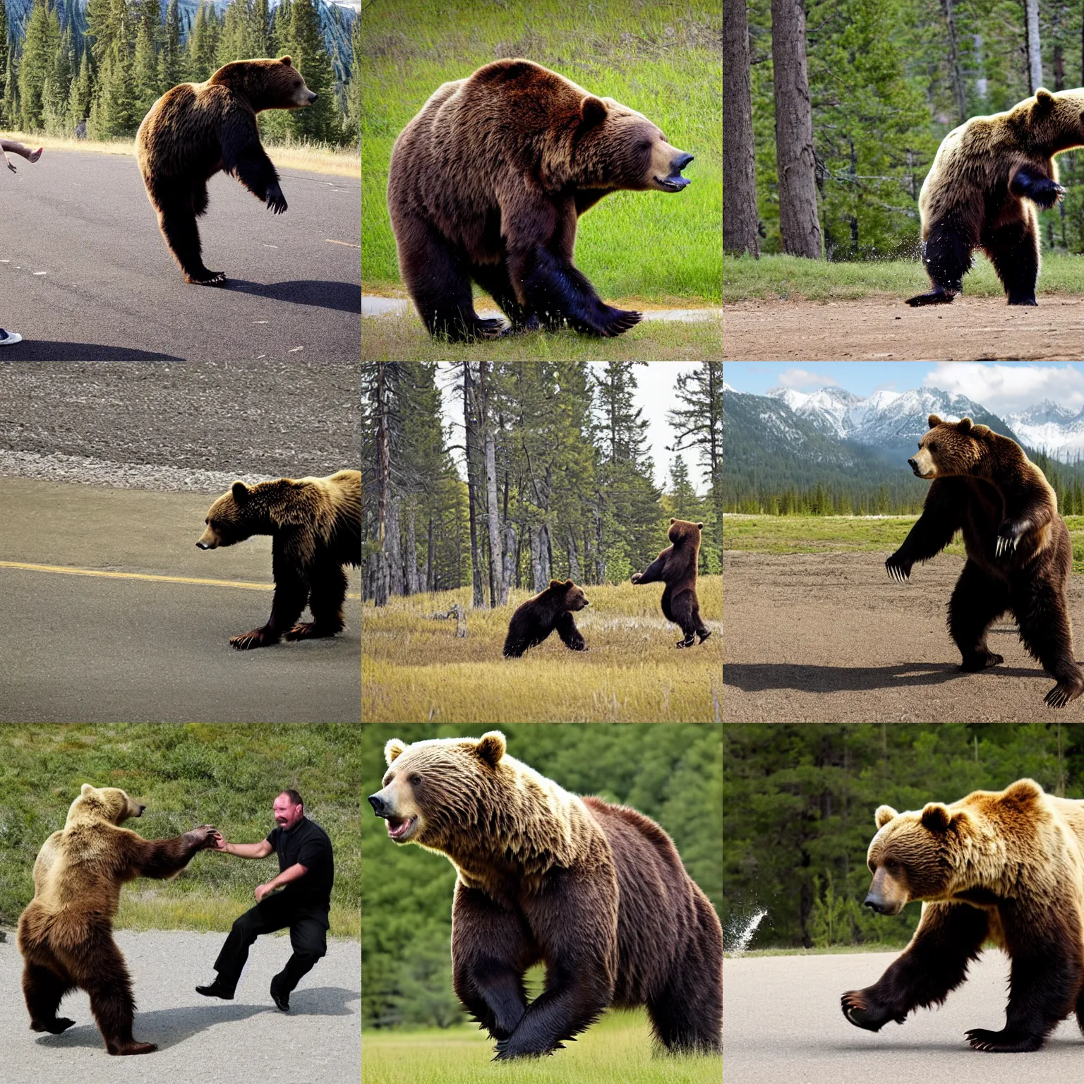 Prompt: photo, A man kicks a bear.