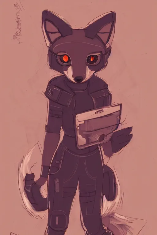 Image similar to a cute cyberpunk anthropomorphic fox with a fluffy tail, comic art, trending on furaffinity, cartoon, kawaii, backlighting, furry art!!!, warm light, concept art, glitch art