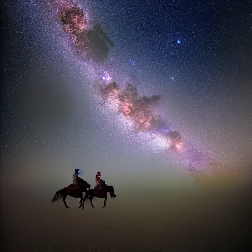 Image similar to cowboys riding through outer space, space cowboys, milky way, 8k photography