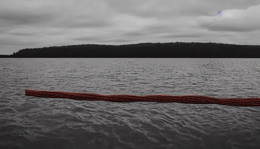 Image similar to rope floating to surface of water in the middle of the lake, overcast lake, 2 4 mm leica anamorphic lens, moody scene, stunning composition, hyper detailed, color kodak film stock