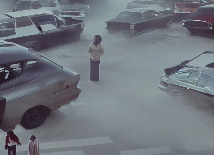 Image similar to cinematic screenshot high angle wide shot of octavia spencer outside a foggy abandoned department store empty parking lot, one car, paranoia everywhere, screenshot from the tense thriller film ( 2 0 0 1 ) directed by spike jonze, volumetric hazy lighting, moody cinematography, 3 5 mm kodak color stock, 2 4 mm lens