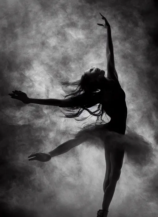 Image similar to a Photorealistic dramatic hyperrealistic render of a glamorous beautiful Female smoke dancer by Ken Brower and Deborah Ory of NYC Dance project,Lois Greenfield,Flowing cloth and smoke,Beautiful dynamic dramatic dark moody lighting,volumetric,shadows,cinematic atmosphere,Octane render,8K