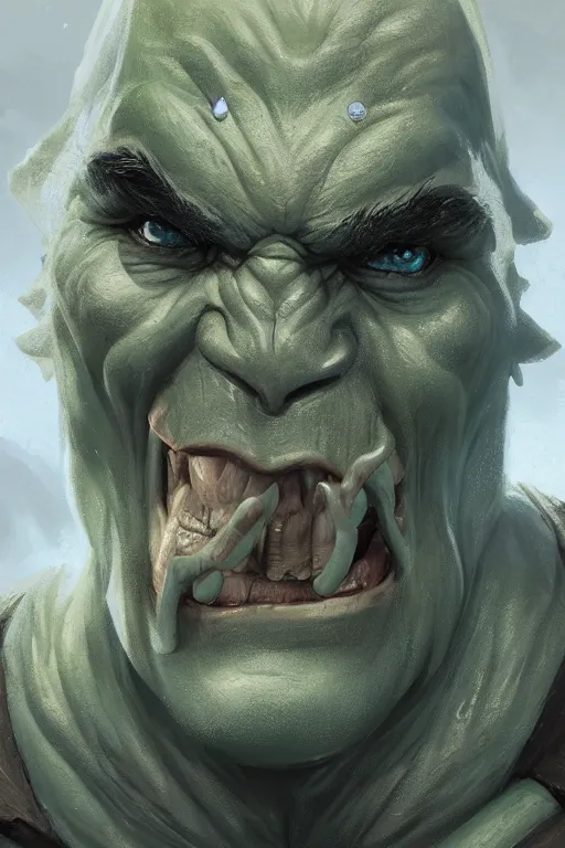 Prompt: dungeons and dragons half orc character closeup portrait, dramatic light, lake background, 2 0 0 mm focal length, painted by stanley lau, painted by greg rutkowski, painted by stanley artgerm, digital art, trending on artstation