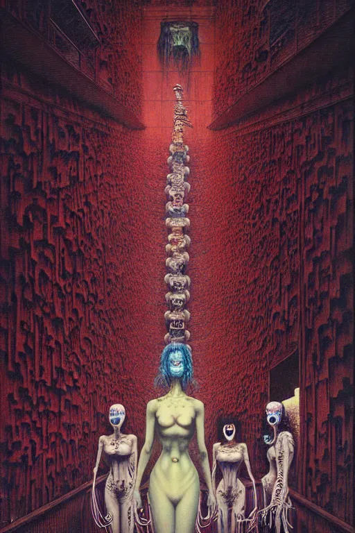 Image similar to a hyperrealistic painting of a haunted hotel lobby with spooky maids and clerk, cinematic horror by chris cunningham, lisa frank, richard corben, highly detailed, vivid color, beksinski painting, part by adrian ghenie and gerhard richter. art by takato yamamoto. masterpiece