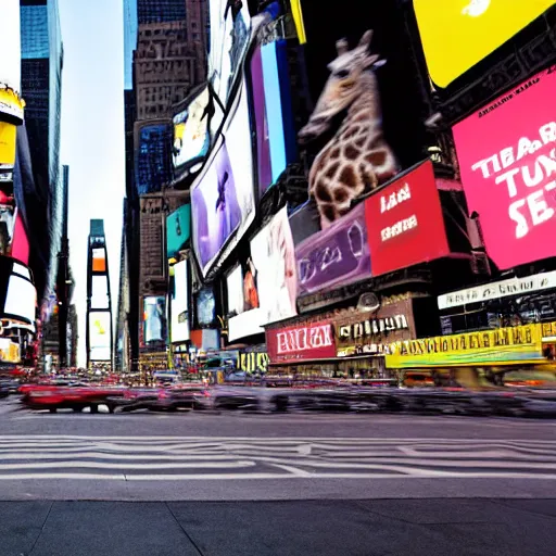 Image similar to a still of a giraffe stand in the intersection at times square. motion blur