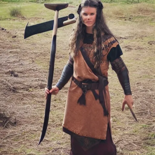 Image similar to an female viking wearing short sleeved robes holding an giant axe