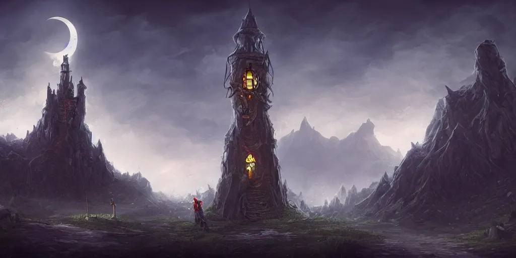 Image similar to The single lonesome grand wizard tower by Tyler Edlin, fantasy art, green fields in the background, wide angle, cinematic composition, dark moody lighting, moon in the sky