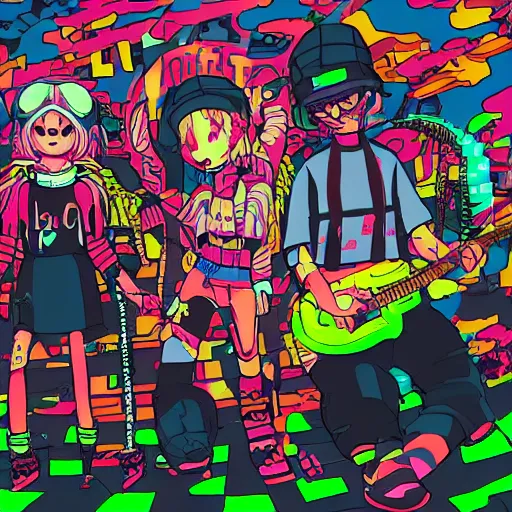 Image similar to bandphoto of chiptune band, in the style of billelis and james jean and pedro conti and stanley kubrick, inspired by die antwoord, kawaii colors, photorealistic, epic, super technical, 3 d render