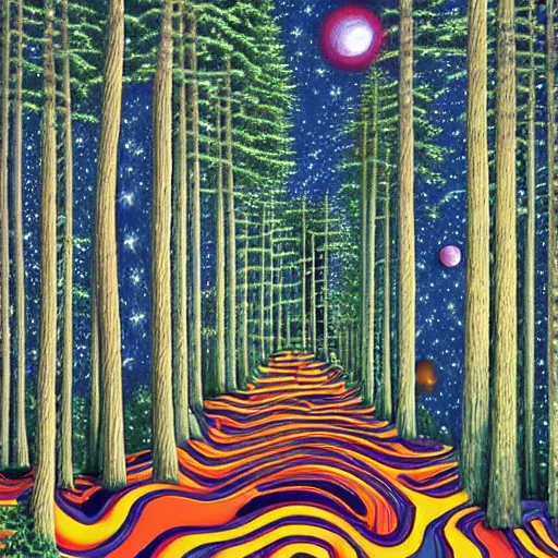 Prompt: psychedelic trippy maze pine forest, planets, milky way, sofa, cartoon by rob gonsalves