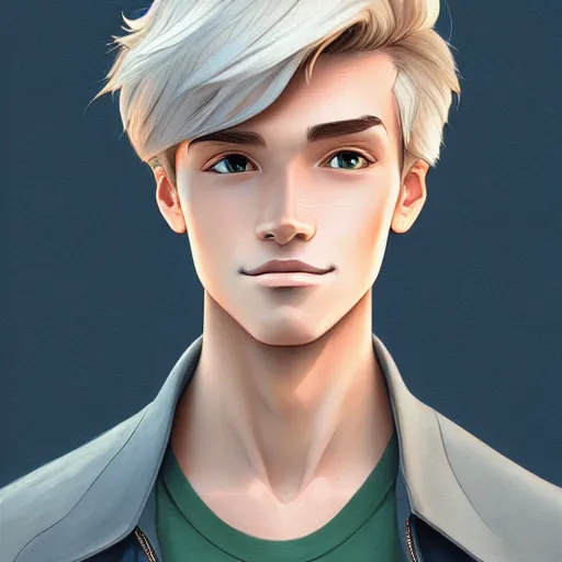 Image similar to young man with short, ash blond greyish hair, path traced, highly detailed, high quality, digital painting, by don bluth and ross tran and studio ghibli and alphonse mucha, sylvain sarrailh