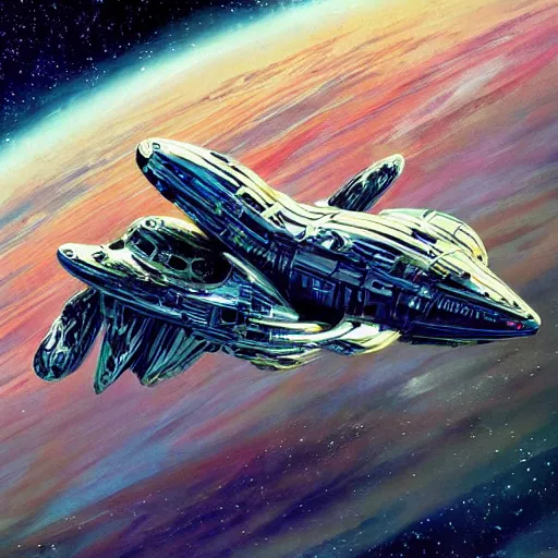 Image similar to A beautiful space ship roaming through the cosmos many pods in the style of John Berkey high definition 4K