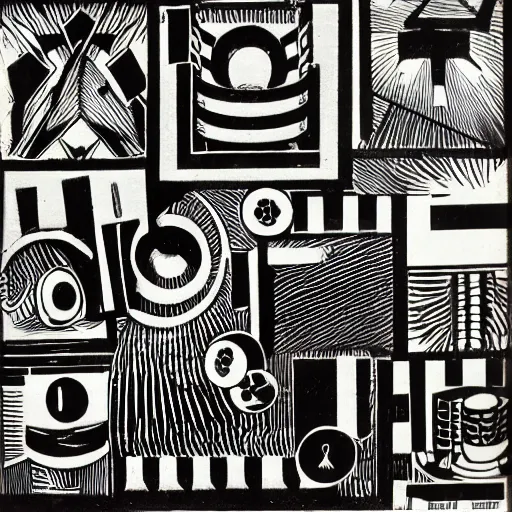 Image similar to two dices, white background, black and white, woodcut, beardsley, aubrey, crepax, guido, moholy - nagy, laszlo, szukalski, stanisław