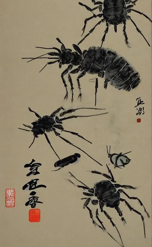 Image similar to qi baishi's chinese painting, insect and plant