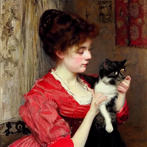 Image similar to young victorian lady in ball gown petting a cat, painted by alfred stevens