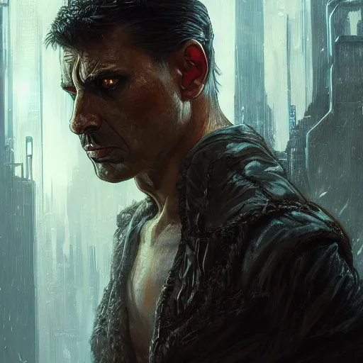 Prompt: man with the face of a Tiger blind at one eye in blade runner, D&D, fantasy, intricate, elegant, highly detailed, digital painting, artstation, concept art, smooth, sharp focus, illustration, art by artgerm and greg rutkowski and alphonse mucha