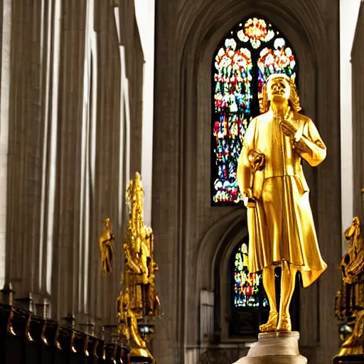 Image similar to a golden statue of bach standing infront of a german cathedral.