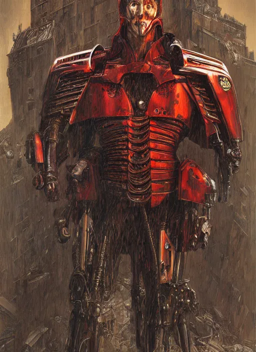 Image similar to portrait of rotten Tom Cruise as adeptus mechanicus in red hood and robe from Warhammer 40000. Highly detailed, artstation, illustration by and John Blanche and zdislav beksinski and wayne barlowe and Gustav Klimt