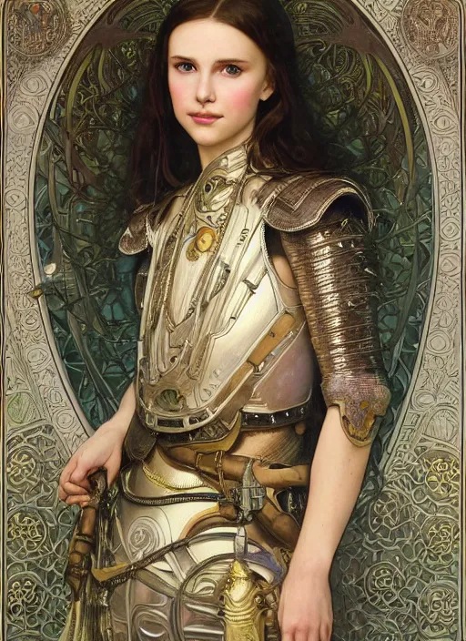 Prompt: realistic detailed painting of a 1 6 - year old girl who resembles millie bobby brown and natalie portman with a shy, blushing, coy expression wearing intricate, detailed, art nouveau chainmail plate armor by alphonse mucha, ayami kojima amano, charlie bowater, karol bak, greg hildebrandt