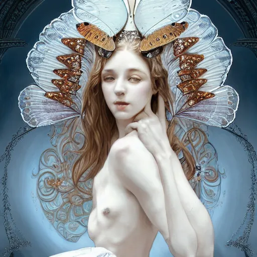 Prompt: a photograpic portrait of a anthropomorphic butterfly wearing white clothes, fantasy, intricate, elegant, highly detailed, digital painting, artstation, concept art, smooth, sharp focus, illustration, art by artgerm and H R Giger and alphonse mucha