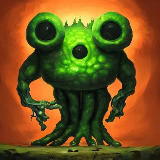 Prompt: a giant cyclops one - eyed cyclops bumpy ball green pea monster with boney arms, lovecraft, trending on artstation, 4 k, video game art, oil painting