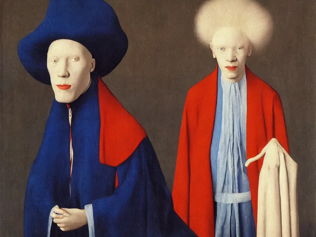 Image similar to Portrait of albino mystic with blue eyes, with beautiful exotic coral. Painting by Jan van Eyck, Audubon, Rene Magritte, Agnes Pelton, Max Ernst, Walton Ford