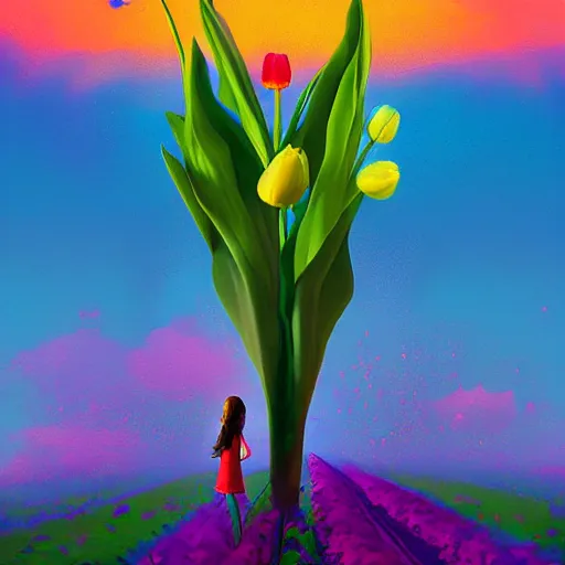 Image similar to girl with a giant tulip head, surreal photography, flower field, sunset dramatic light, impressionist painting, colorful clouds, blue sky, digital painting, artstation, simon stalenhag