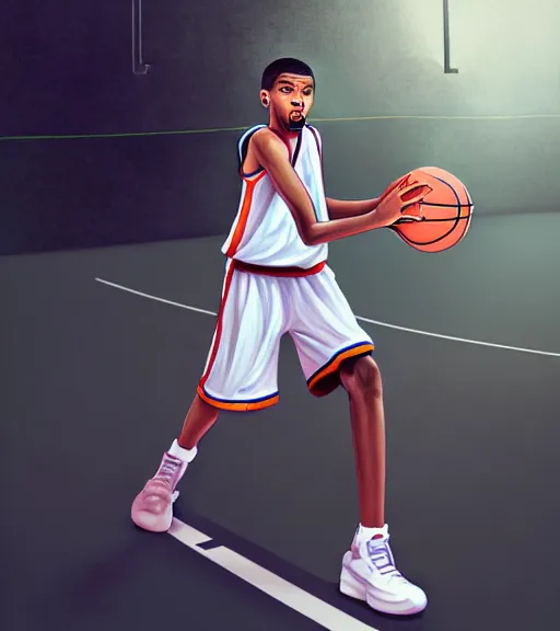 Prompt: portrait of a boy at a basketball court playing basketball wearing a basketball uniform in a basketball court standing near the basketball hoop, poised, intense emotion, detailed facial expression, detailed surroundings, intricate, elegant, highly detailed, centered, digital painting, artstation, concept art, smooth, sharp focus, illustration, WLOP