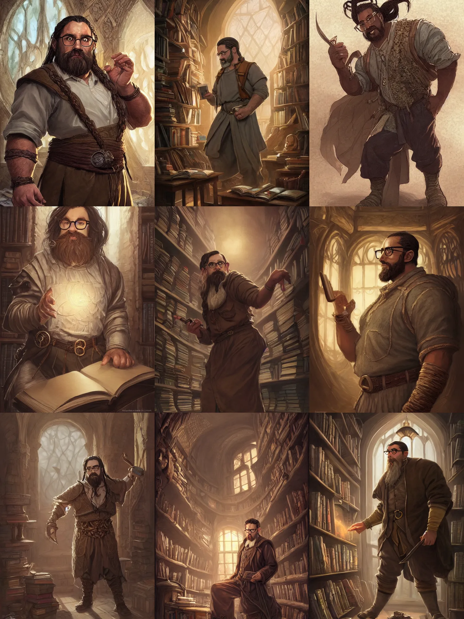 Prompt: picture of male librarian tolkien dwarf inside library, burly, casual clothes, dark skin, dark brown hair, braids, glasses, high fantasy, highly detailed, detailed faces, smooth, sharp focus, chiaroscuro, dnd, digital painting, concept art, rossdraws and moebius and jon mcnaughton