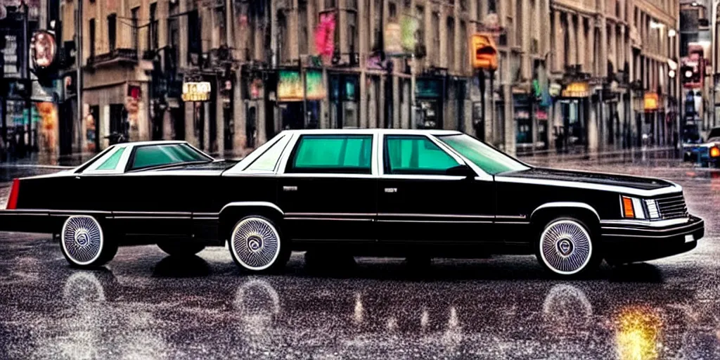 Image similar to hyper realistic, high detail real life photo of black 1 9 9 2 cadillac de ville, city streets wet, beautiful, dreary lighting