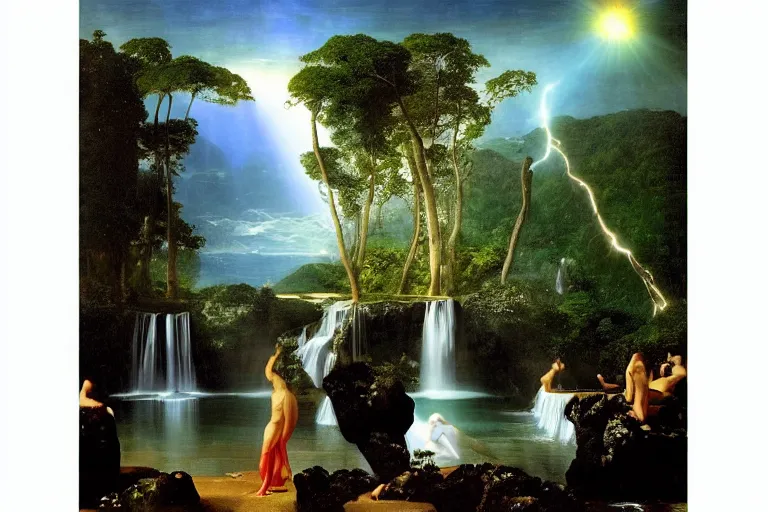 Image similar to The waterfall chalice, refracted moon sparkles, thunderstorm, greek pool, beach and Tropical vegetation on the background major arcana sky and occult symbols, by paul delaroche, hyperrealistic 4k uhd, award-winning, very detailed paradise