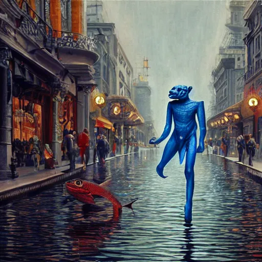 Image similar to humanoid fish man walks through the center of a city, extremely detailed oil painting, 1 9 2 0's colored pencil, highly detailed, highly accurate, deep aesthetic, 8 k, highly ornate intricate details, cinematic lighting, rich colors, beautiful scenic view, ray tracing, hyperrealistic, photorealistic, cinematic landscape, trending on artstation, concept art,