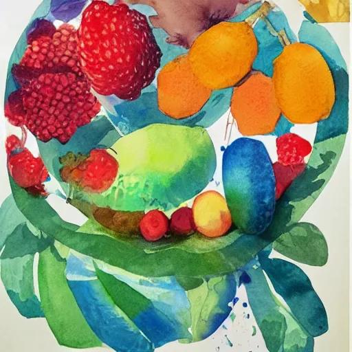 Image similar to watercolor and collage by eric carle, of a man day dreaming about fruit, peaceful mood