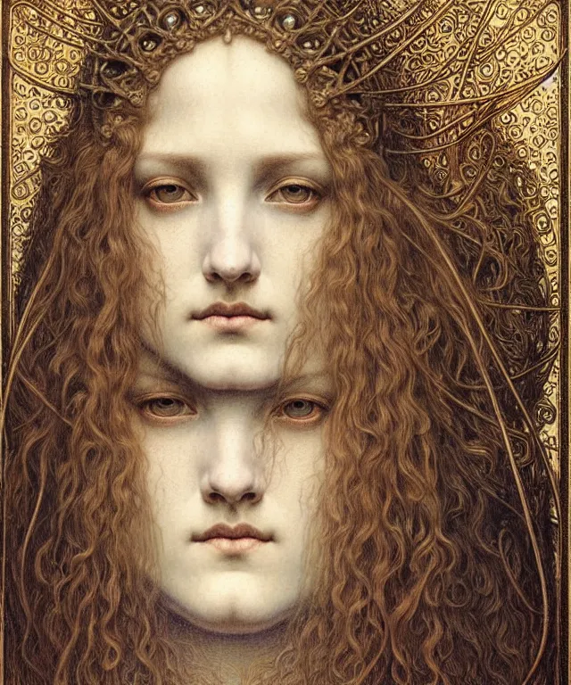 Image similar to detailed realistic beautiful young medieval queen face portrait by jean delville, gustave dore and marco mazzoni, art nouveau, symbolist, visionary, gothic, pre - raphaelite. horizontal symmetry