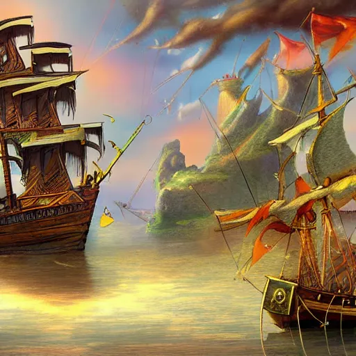 Image similar to pirate ship fly nekclace clothing fashoin village pretty place landscape concept art City fantasy artwork