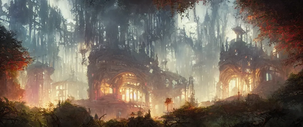 Image similar to huge academic castle city in the forest behind a garden, concept art, digital painting, style of jordan grimmer, warm lighting, futuristic, volumetric lighting, view from below, vivid colours, bright, daytime, godrays, high detail