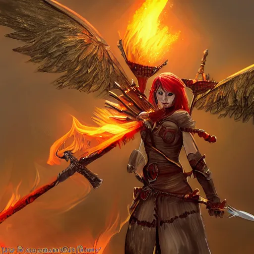 Image similar to a battle ready red haired valkyrie with gargoyle wings and a fiery sword, fantasy concept art