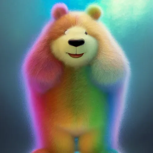 Image similar to cutie fluffy creature rainbow bear, digital art, 3 d, octave render, masterpiece, mega detailed, pixar, disney, vivid illustration, cartoon, fantasy, by george stubbs, artgerm, in the style of ghibli kazuo oga, pastel fur