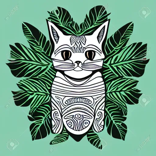 Image similar to tattoo sketch of a cat with one eye, monstera deliciosa, a draft, organic ornament, maori, vector